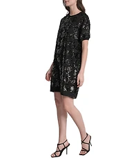 DKNY by Donna Karan Sequin Houndstooth Short Sleeve Shift Dress