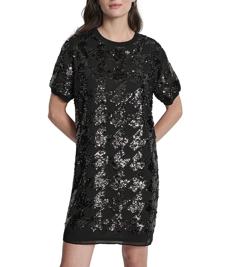 DKNY by Donna Karan Sequin Houndstooth Short Sleeve Shift Dress
