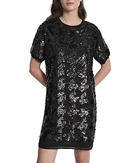 DKNY by Donna Karan Sequin Houndstooth Short Sleeve Shift Dress