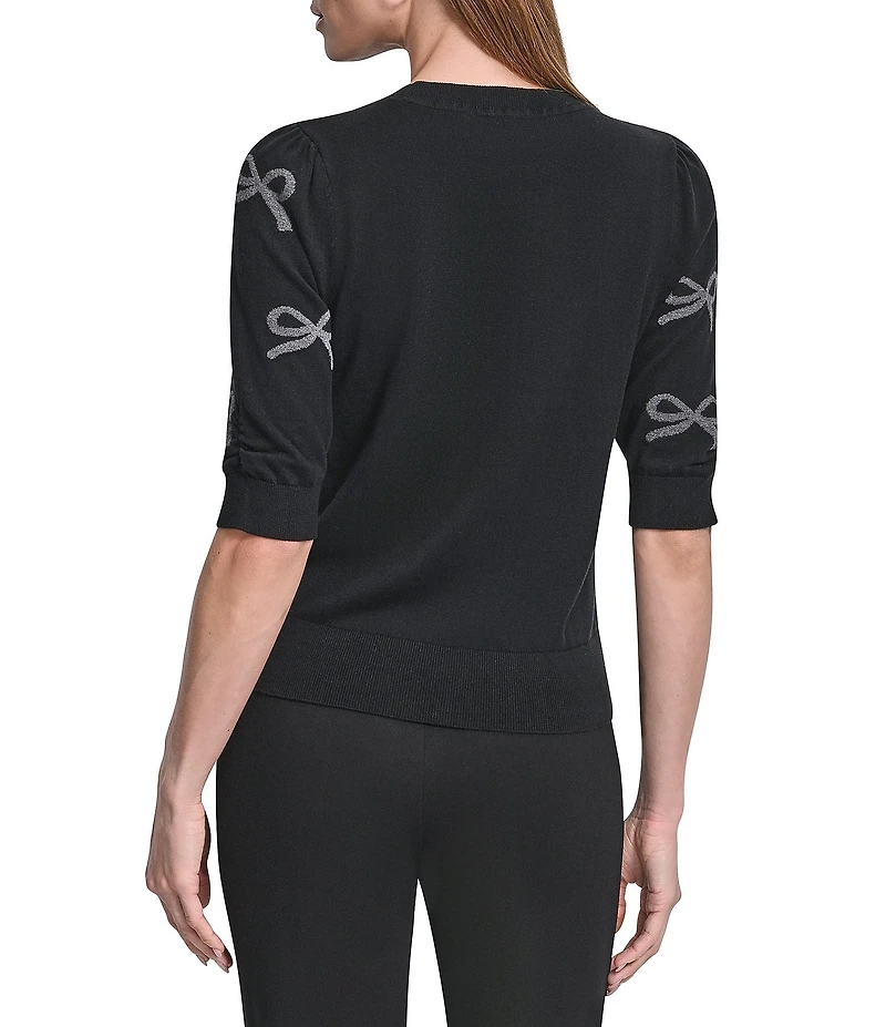 DKNY by Donna Karan Sequin Mini Bow Crew Neck Puff Sleeve Sweater