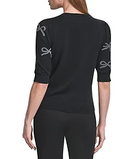 DKNY by Donna Karan Sequin Mini Bow Crew Neck Puff Sleeve Sweater