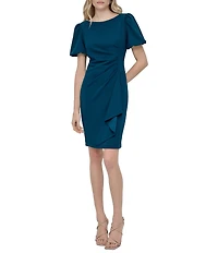 DKNY by Donna Karan Short Bubble Sleeve Ruched Bodice Cascading Ruffle Sheath Dress