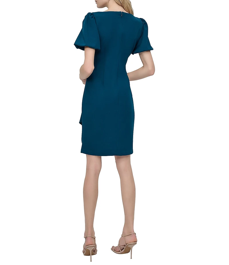 DKNY by Donna Karan Short Bubble Sleeve Ruched Bodice Cascading Ruffle Sheath Dress