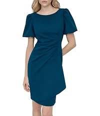 DKNY by Donna Karan Short Bubble Sleeve Ruched Bodice Cascading Ruffle Sheath Dress