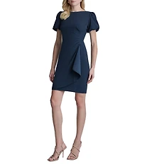 DKNY By Donna Karan Short Bubble Sleeve Ruched Bodice Cascading Ruffle Sheath Dress