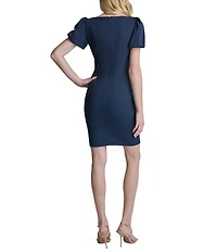 DKNY By Donna Karan Short Bubble Sleeve Ruched Bodice Cascading Ruffle Sheath Dress