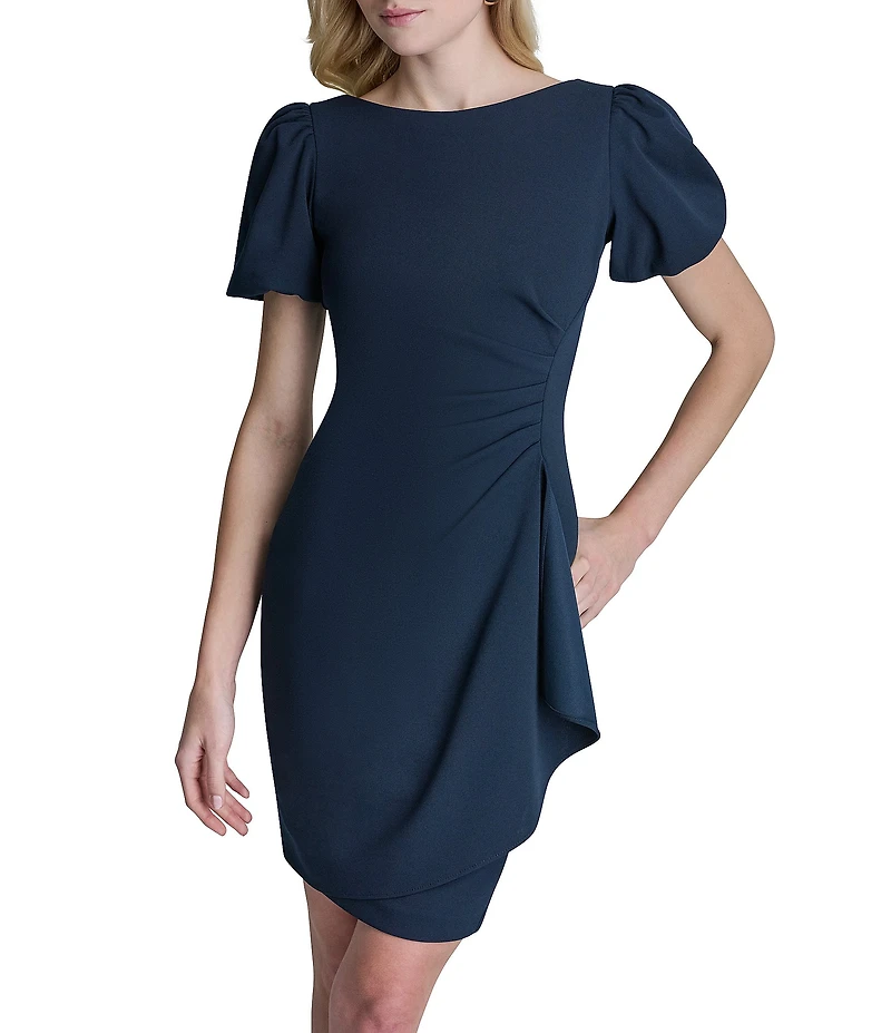 DKNY By Donna Karan Short Bubble Sleeve Ruched Bodice Cascading Ruffle Sheath Dress
