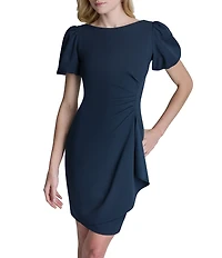 DKNY By Donna Karan Short Bubble Sleeve Ruched Bodice Cascading Ruffle Sheath Dress