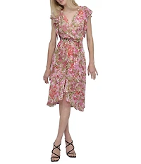 DKNY by Donna Karan Short Ruffle Sleeve Faux Wrap Midi Dress