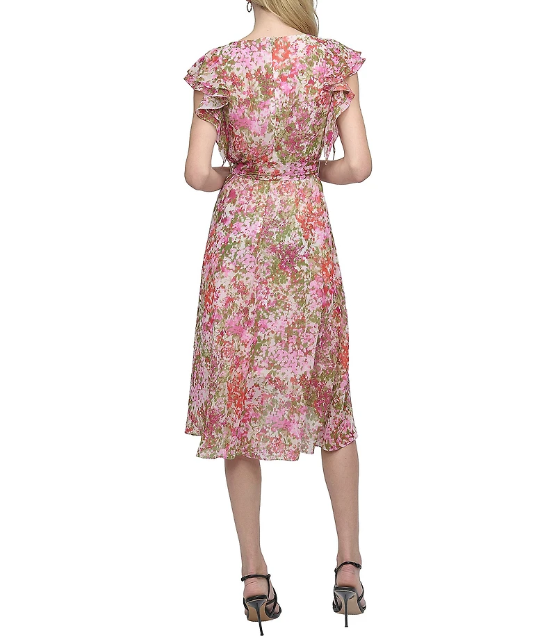 DKNY by Donna Karan Short Ruffle Sleeve Faux Wrap Midi Dress
