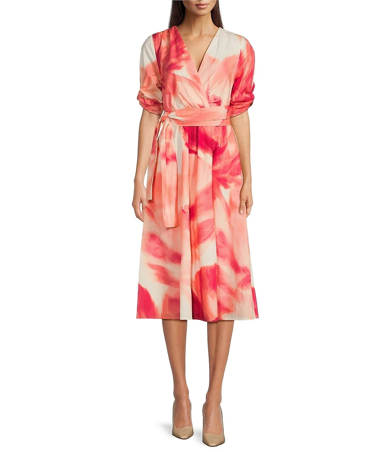 DKNY by Donna Karan Short Sleeve Abstract Floral Print Chiffon Faux Wrap Midi Dress