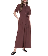 DKNY By Donna Karan Short Sleeve Button Front Wide Leg Jumpsuit