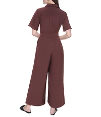 DKNY By Donna Karan Short Sleeve Button Front Wide Leg Jumpsuit