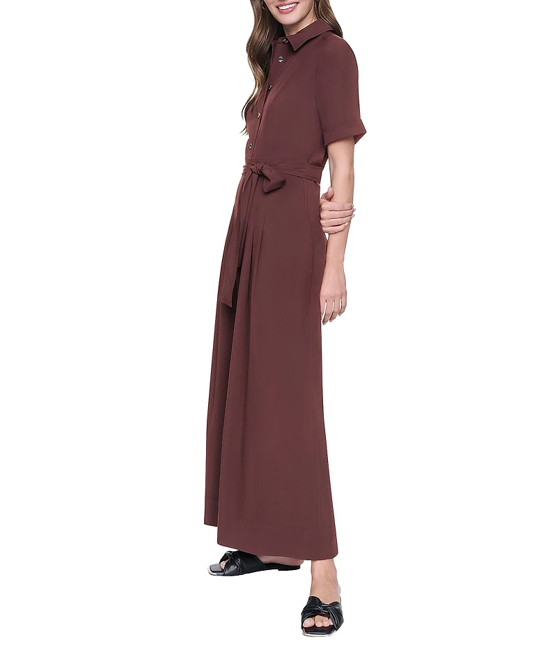 DKNY By Donna Karan Short Sleeve Button Front Wide Leg Jumpsuit