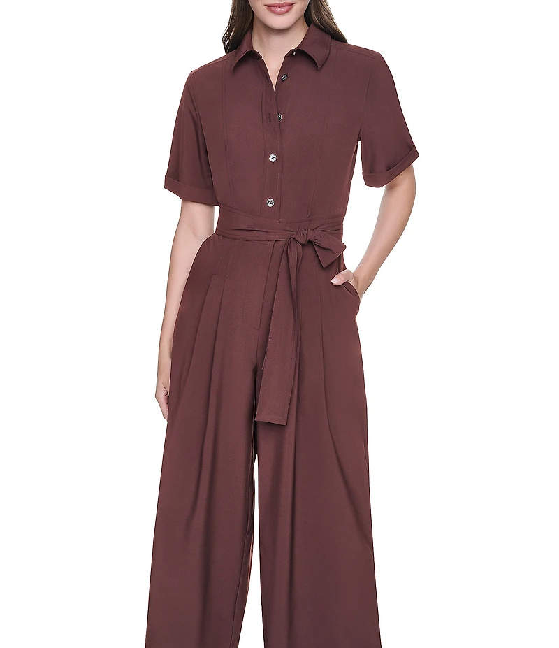 DKNY By Donna Karan Short Sleeve Button Front Wide Leg Jumpsuit