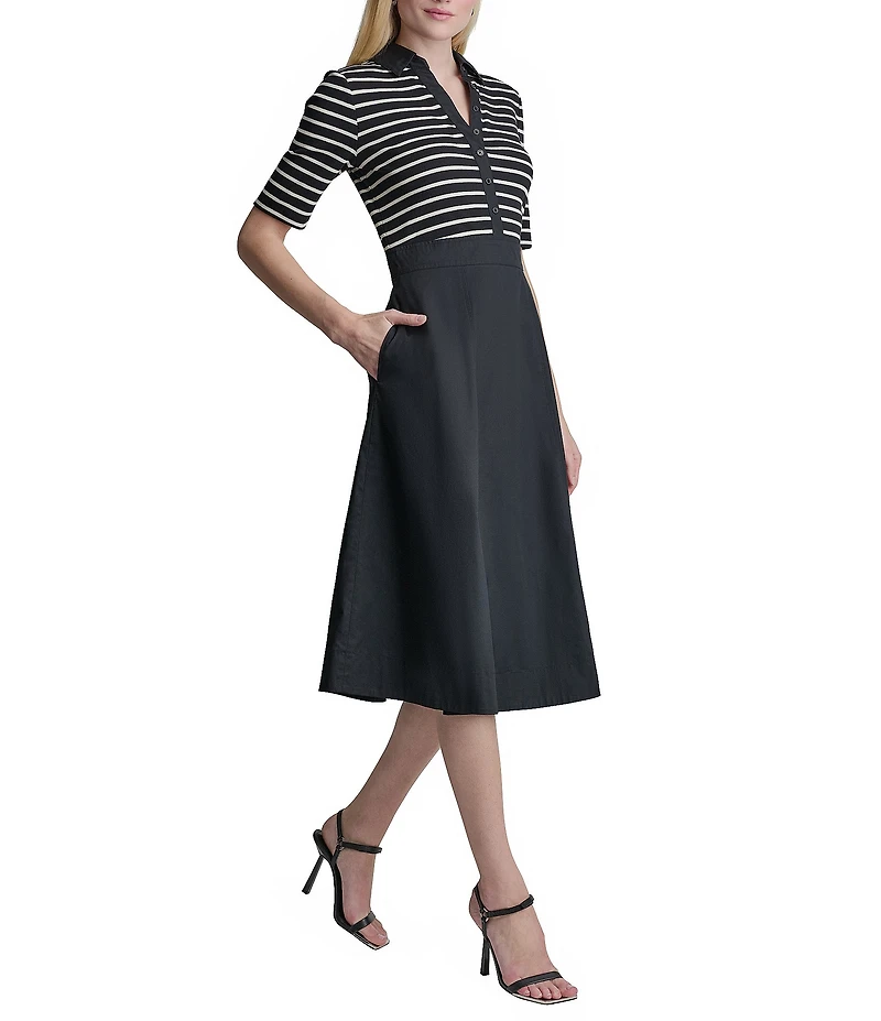 DKNY By Donna Karan Short Sleeve Collared Neck Midi Shirt Dress