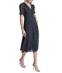DKNY by Donna Karan Short Sleeve Dot Print Midi Dress