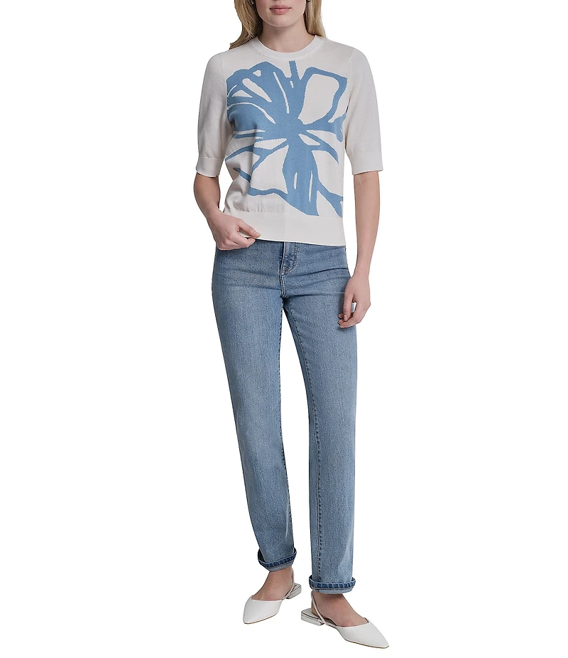 DKNY by Donna Karan Short Sleeve Knit Graffiti Floral Sweater