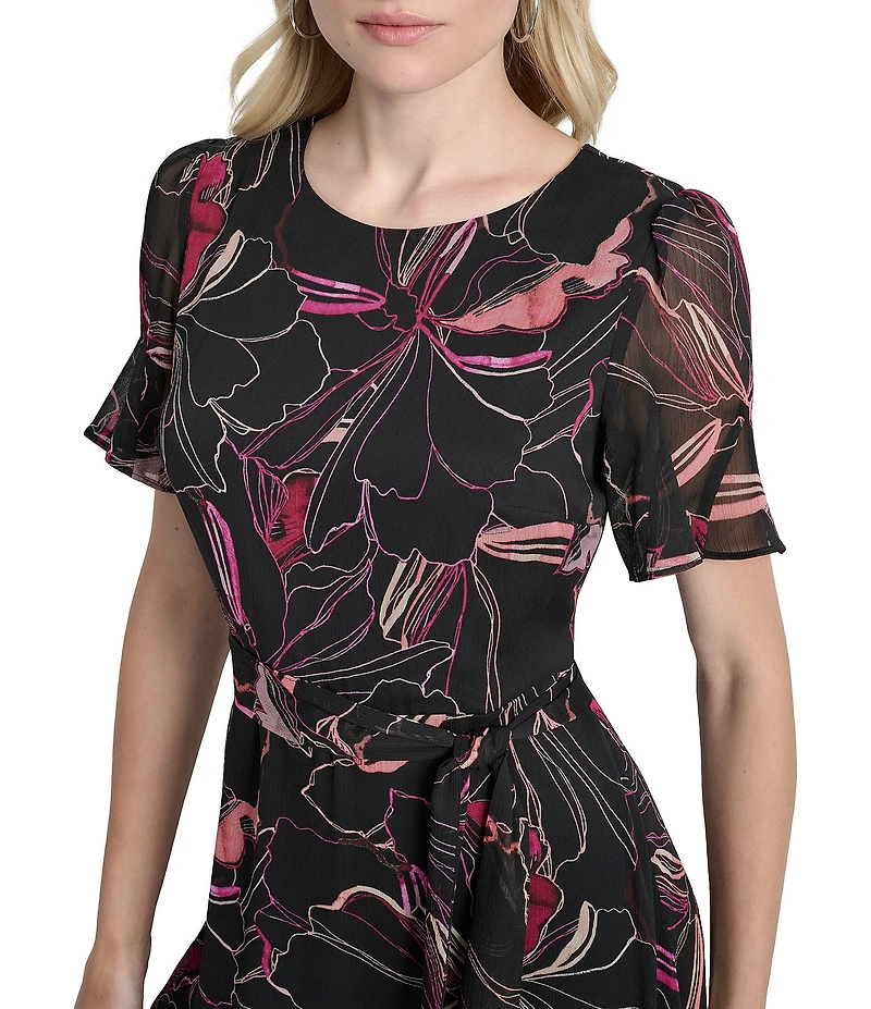 DKNY by Donna Karan Short Sleeve Printed Fit and Flare Midi Dress