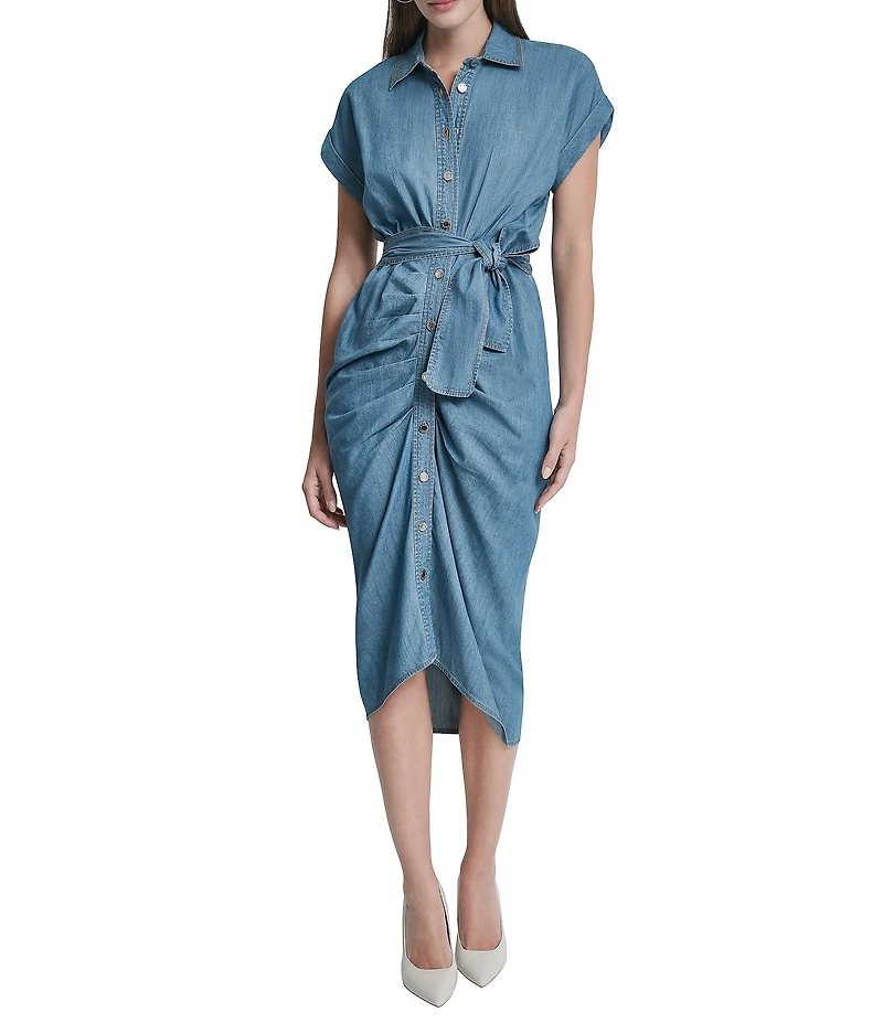 DKNY By Donna Karan Short Sleeve Ruched Skirt Hi-Low Hem Chambray Midi Shirt Dress