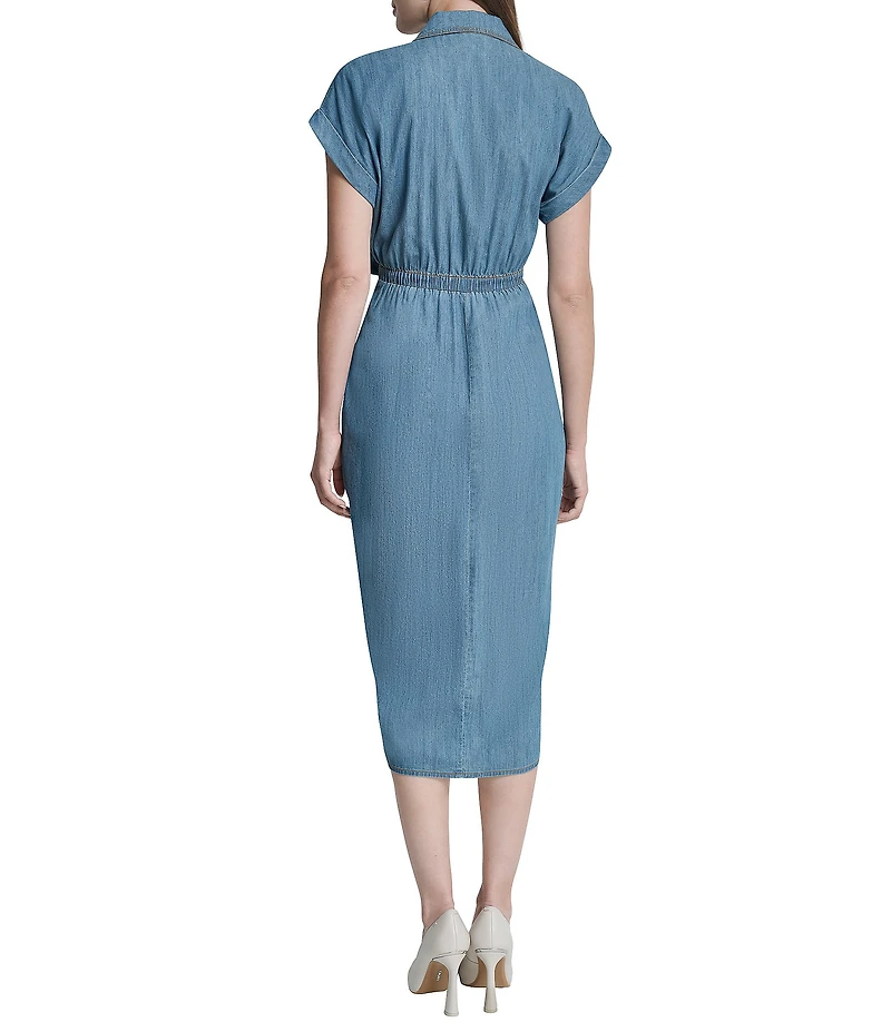 DKNY By Donna Karan Short Sleeve Ruched Skirt Hi-Low Hem Chambray Midi Shirt Dress