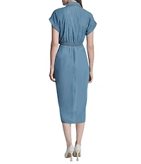 DKNY By Donna Karan Short Sleeve Ruched Skirt Hi-Low Hem Chambray Midi Shirt Dress
