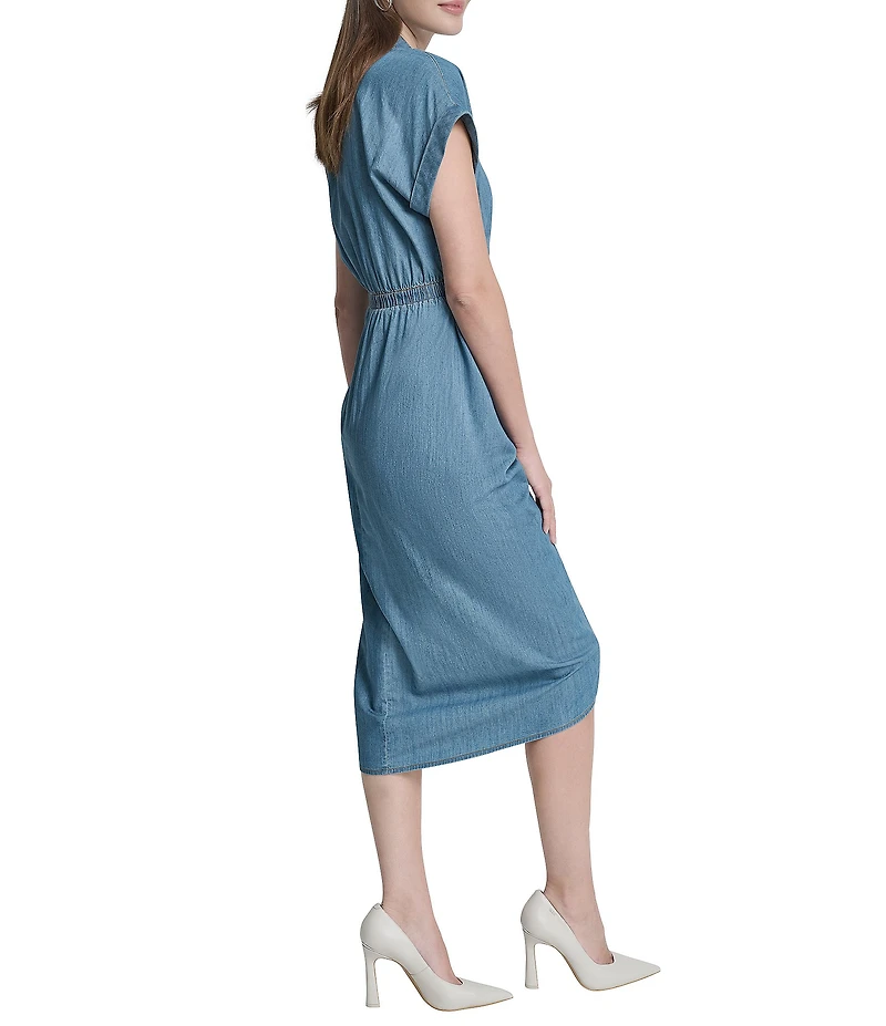 DKNY By Donna Karan Short Sleeve Ruched Skirt Hi-Low Hem Chambray Midi Shirt Dress