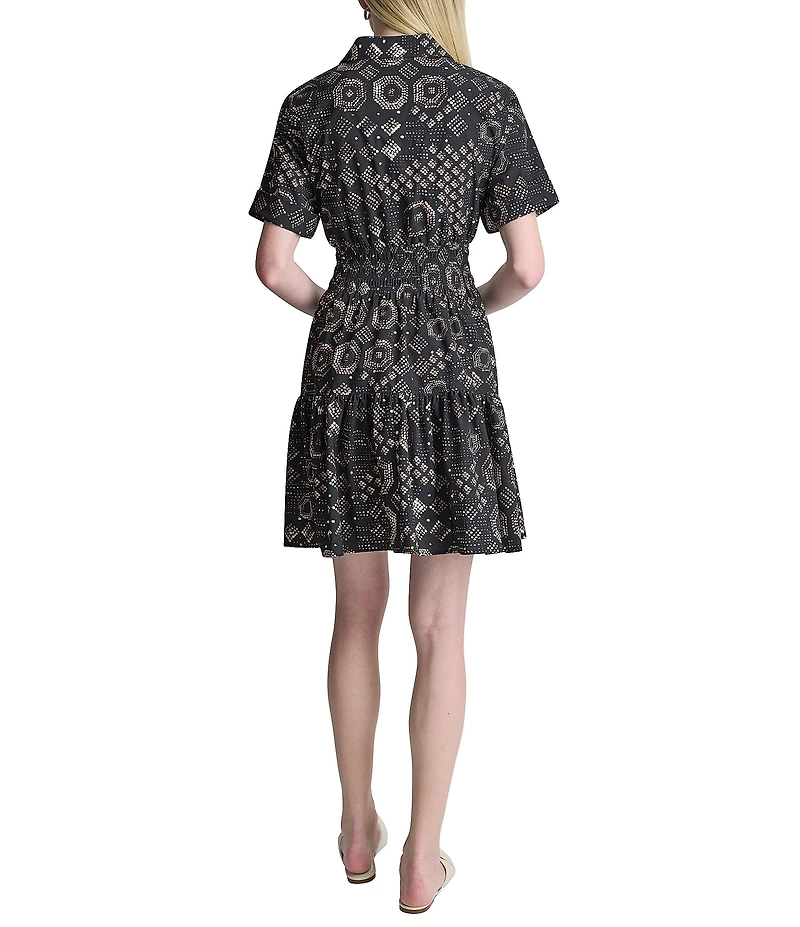 DKNY By Donna Karan Short sleeve Smocked Waist Tiered Skirt Shirt Dress
