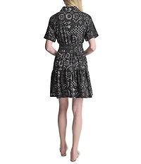 DKNY By Donna Karan Short sleeve Smocked Waist Tiered Skirt Shirt Dress