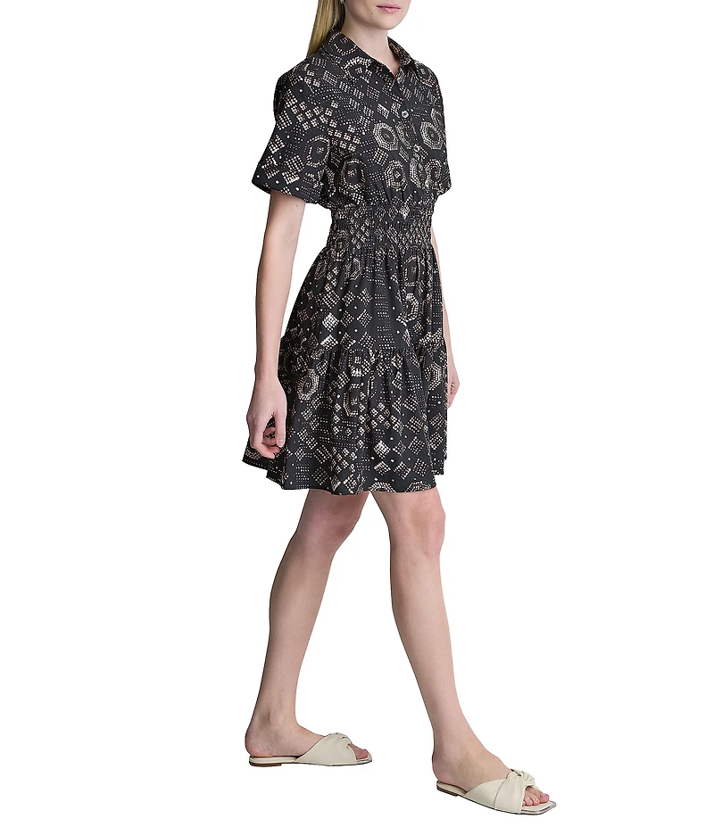 DKNY By Donna Karan Short sleeve Smocked Waist Tiered Skirt Shirt Dress