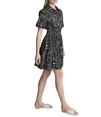 DKNY By Donna Karan Short sleeve Smocked Waist Tiered Skirt Shirt Dress