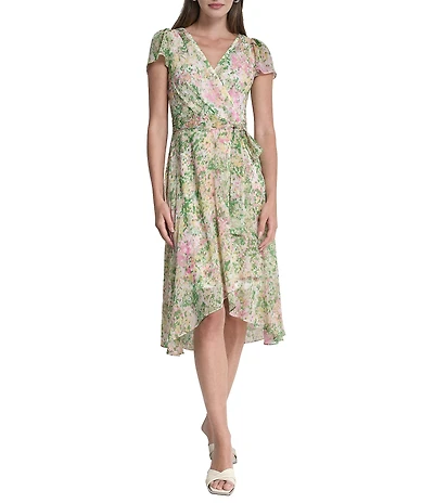 DKNY by Donna Karan Short Sleeve V-Neck Faux Wrap High Low Midi Dress