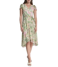 DKNY by Donna Karan Short Sleeve V-Neck Faux Wrap High Low Midi Dress