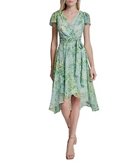 DKNY by Donna Karan Short Sleeve V-Neck Faux Wrap High Low Midi Dress