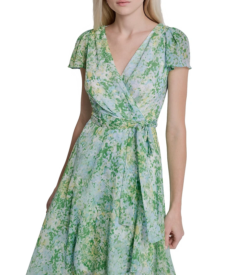 DKNY by Donna Karan Short Sleeve V-Neck Faux Wrap High Low Midi Dress