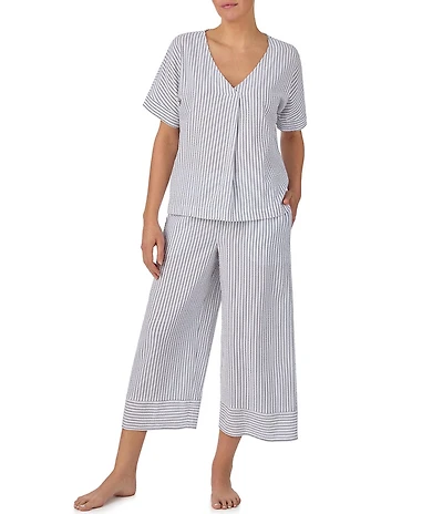DKNY by Donna Karan Short Sleeve V Neck Woven Stripe Print Seersucker Cropped Pajama Set