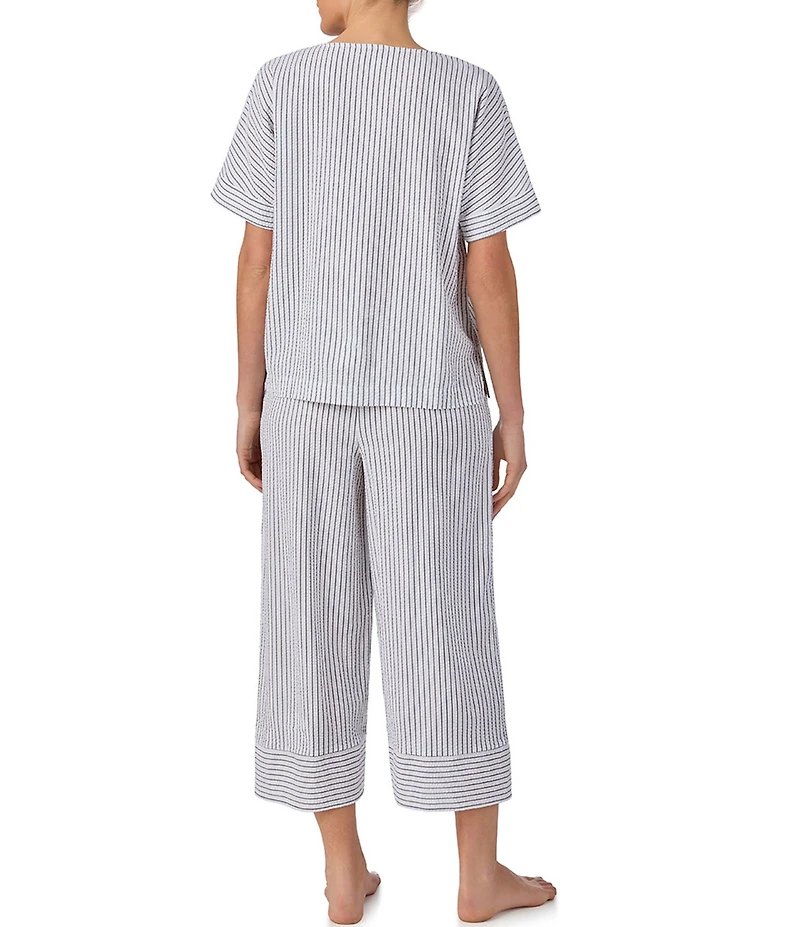 DKNY by Donna Karan Short Sleeve V Neck Woven Stripe Print Seersucker Cropped Pajama Set