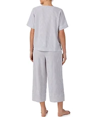 DKNY by Donna Karan Short Sleeve V Neck Woven Stripe Print Seersucker Cropped Pajama Set