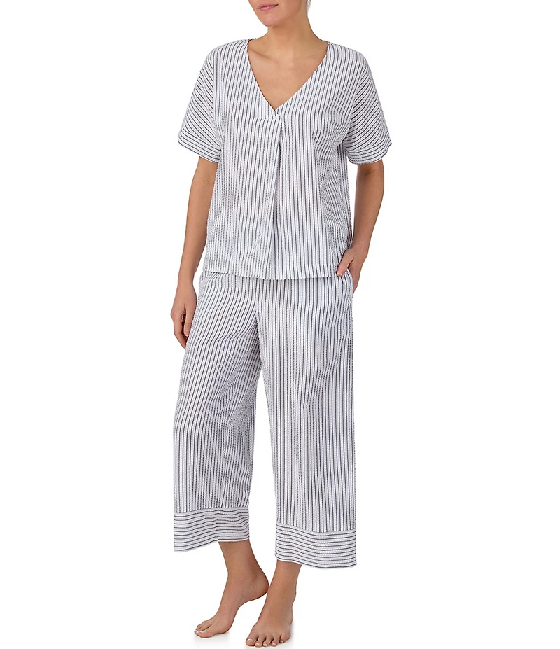 DKNY by Donna Karan Short Sleeve V Neck Woven Stripe Print Seersucker Cropped Pajama Set