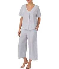 DKNY by Donna Karan Short Sleeve V Neck Woven Stripe Print Seersucker Cropped Pajama Set