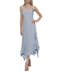 DKNY by Donna Karan Silky Jersey V-Neck Sleeveless Ruffle Slip Midi Dress