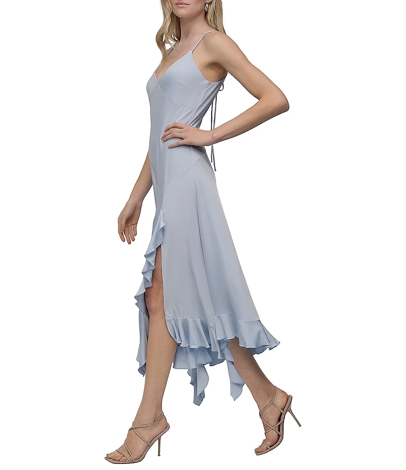 DKNY by Donna Karan Silky Jersey V-Neck Sleeveless Ruffle Slip Midi Dress