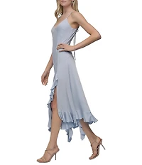 DKNY by Donna Karan Silky Jersey V-Neck Sleeveless Ruffle Slip Midi Dress