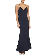 DKNY By Donna Karan Sleeveless Beaded Strap V Neck Scuba Crepe Long Dress