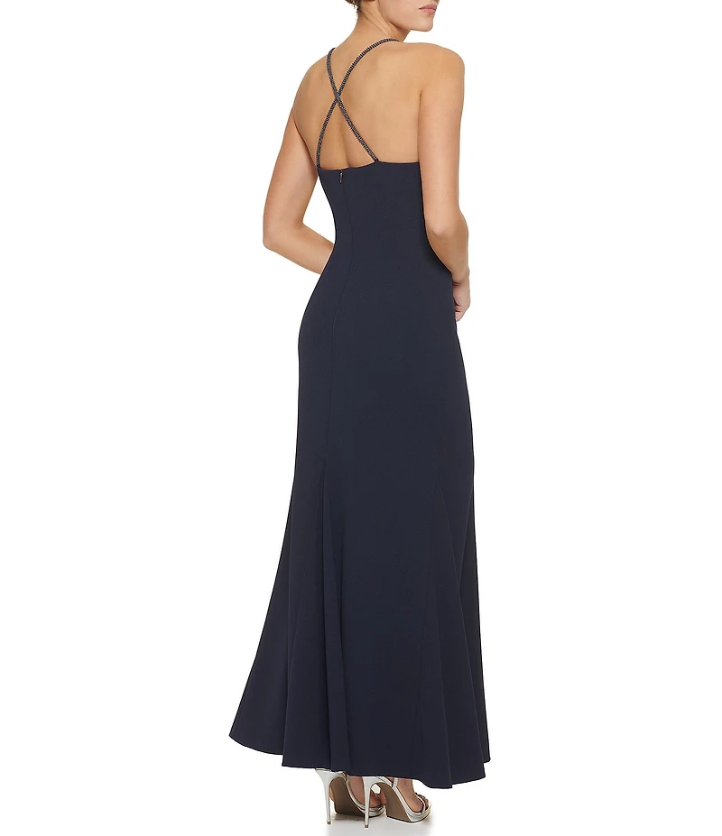 DKNY By Donna Karan Sleeveless Beaded Strap V Neck Scuba Crepe Long Dress