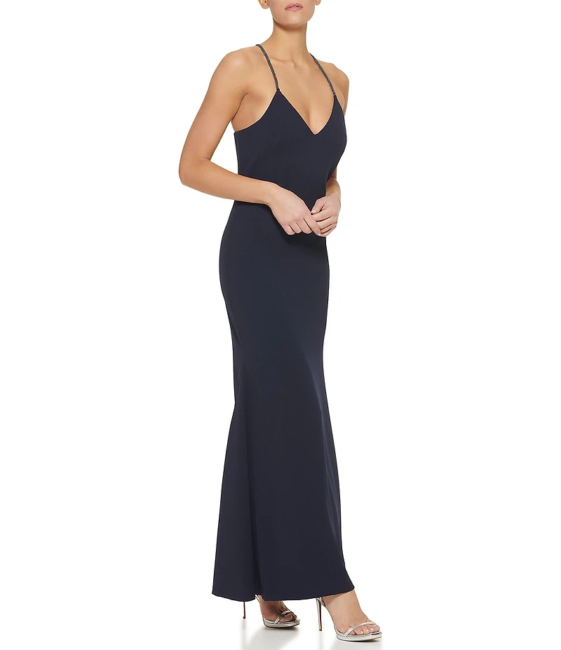 DKNY By Donna Karan Sleeveless Beaded Strap V Neck Scuba Crepe Long Dress