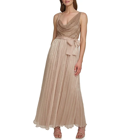DKNY By Donna Karan Sleeveless Cowl Neck Side Bow Pleated Skirt Long Dress