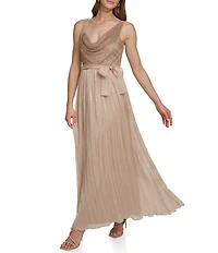 DKNY by Donna Karan Sleeveless Cowl Neck Side Bow Pleated Skirt Long Dress