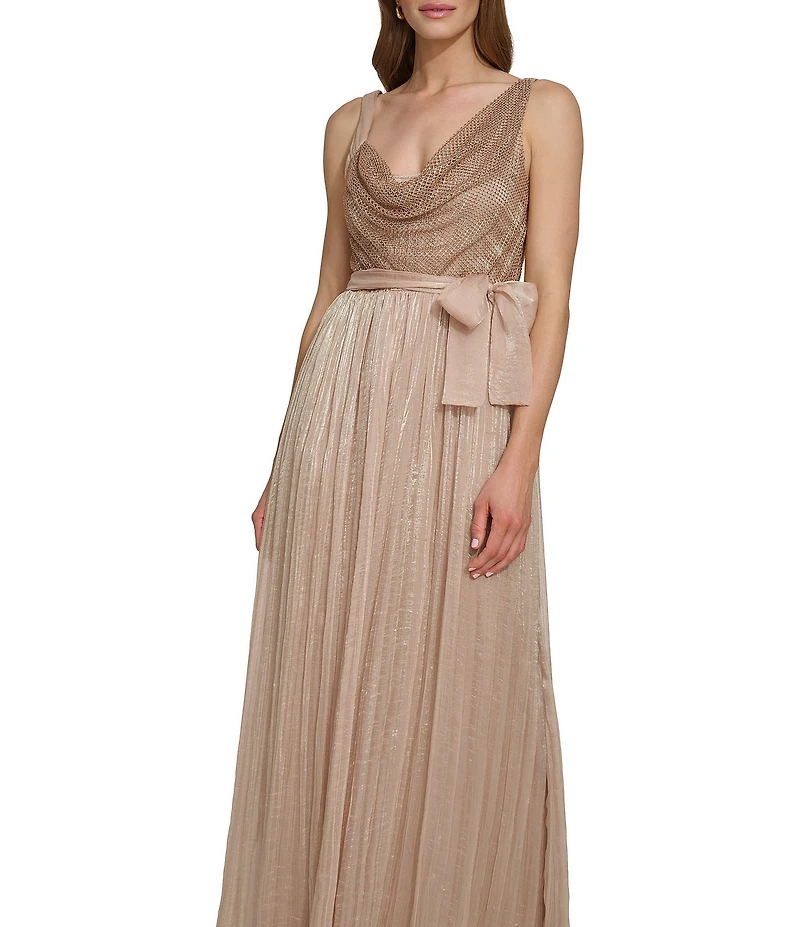 DKNY by Donna Karan Sleeveless Cowl Neck Side Bow Pleated Skirt Long Dress