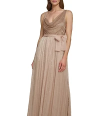 DKNY by Donna Karan Sleeveless Cowl Neck Side Bow Pleated Skirt Long Dress